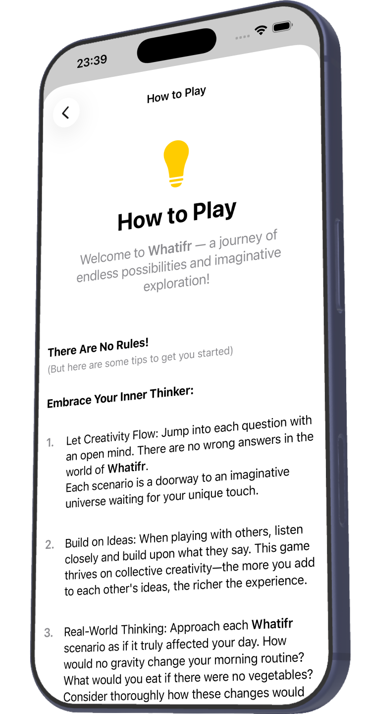Whatifr app on iPhone: what-if question card, screen 4 of 5